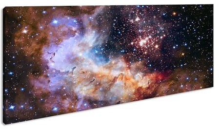 farbenprächtiger Sternencluster Panorama 80x40 cm als Leinwandbild, Motiv fertig gerahmt auf Echtholzrahmen, Hochwertiger Digitaldruck mit Rahmen