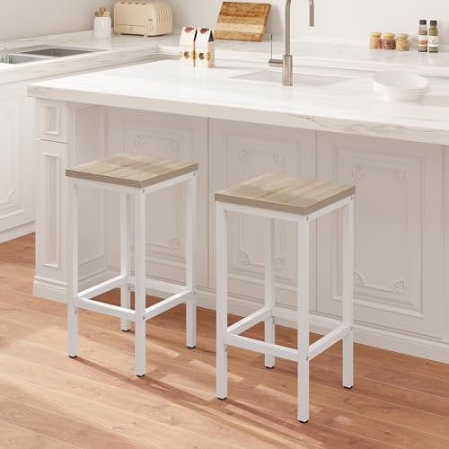 EUGAD Juego de 2 Taburete de Bar, Taburetes Altos Cocina, Asiento Cuadrado, para Bar, Cocina y Comedor, Madera y Metal, Roble Claro