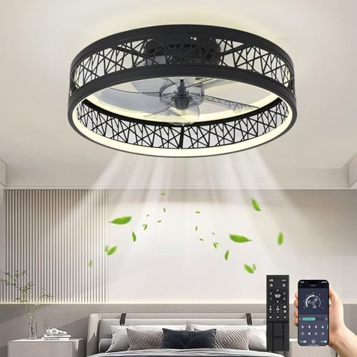 Deckenventilator Mit Beleuchtung LED 60W Deckenlampe Mit Ventilator Modern Leise Deckenleuchte Mit Fernbedienung Dimmbar 6 Geschwindigkeiten Lampe Mit Ventilator Für Wohnzimmer Schlafzimmer Schwarz
