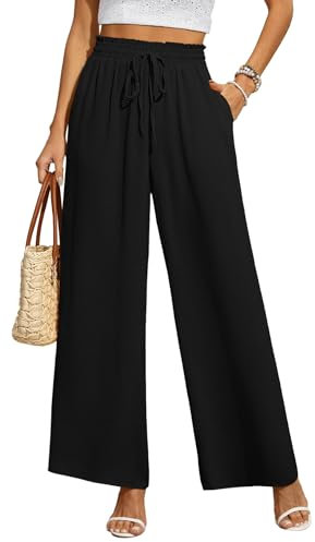 BEIGAI Pantalon ample à taille haute élastique pour femme, pantalon de détente, Palazzo élégant avec poches, Noir , S