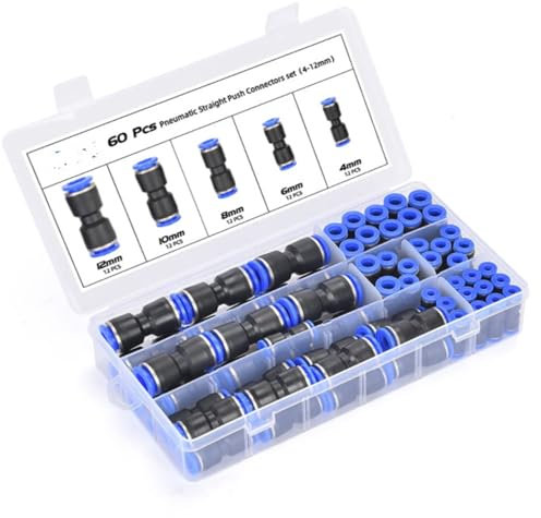 Guolich 60 Stück Gerade Pneumatik Steckverbinder,Steckverschraubung I-Steckverbinder, Pneumatische Fittings Push in Schnellkupplung Verbinder für Luft Wasser Schlauchanschluss 4/6/8/10/12mm