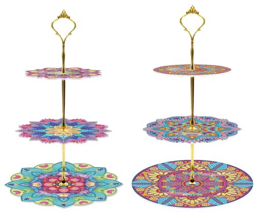 Lebartm 2Pcs DIY Diamond Painting Cupcake Stand Diamond Painting Three Layer Dinner Snack Rack Afternoon Tea Display Tower Single Sided Spot Drill for Birthday Wedding Home Decor