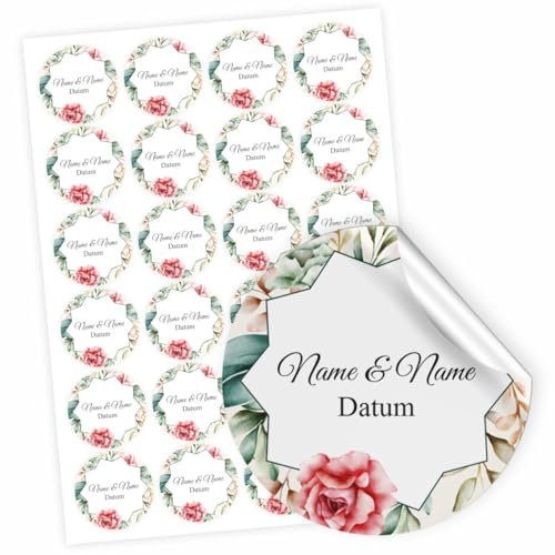 Hochzeit Aufkleber - 24 Stück Personalisierte Aufkleber mit Wunschnamen und Datum - 4,5 cm Runde Papieraufkleber Etiketten für Hochzeit, Gastgeschenke, Einladungskarte (Style 6)