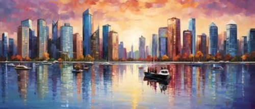 adrium Acryl-Bild 120 x 50 cm: Moderne Stadtlandschaft mit Wolkenkratzern, Booten und Spiegelung im Wasser (210987879)