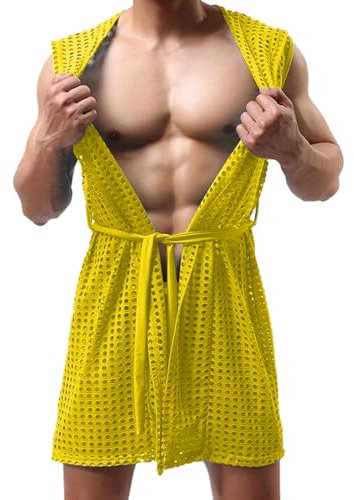 Beokeuioe Mesh Transparent Unterwäsche Morgenmantel Männer Negligee Sexy Kimono Lange Herren Nachtwäsche Mesh Bademantel mit Gürtel Langer Hausmantel