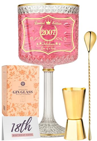 18th Birthday Glasses for Girls | Year: 2007 | Personalised Gin Glass Gifts for Women | Gold Bar Accessories Included | Gin Gifts for Women w/ Spoon & Jigger | Recipe PDF | Aperol Spritz Glassware