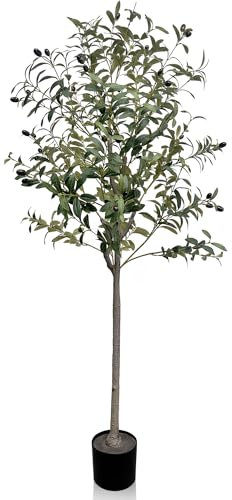 Duscdesp Grande albero di ulivo artificiale alto 150 cm, grande albero di ulivo finto in vaso, decorazione per interni ed esterni, casa, ufficio, soggiorno (150 cm e verde)