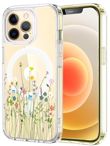 Unov Case Compatible with iPhone 14 Pro Case Magnetic Clear with Design Compatible with MagSafe Slim Protective Soft TPU Bumper with Hard PC Back Embossed Pattern (Flower Bouquet)