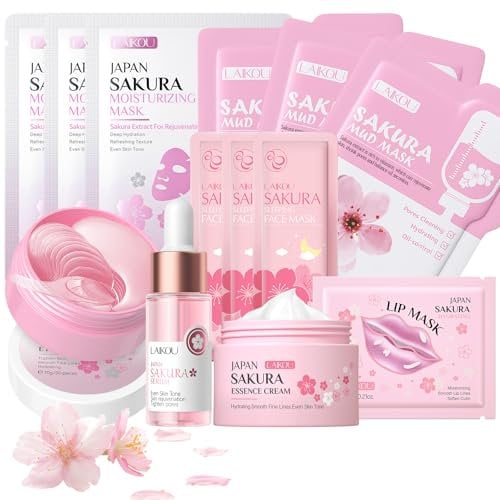 LAIKOU Kit per la Cura Della Pelle Sakura, Mini Size da Viaggio Prodotti Skincare, 13 Pezzi Kit Idratante Viso con Maschera Crema Siero Maschera Occhi Maschera Labbra