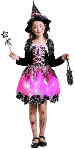 Deguisement Sorciere Fille, Lumineux Costume Sorciere Halloween Fille Lumières LED Robe Sorciere avec Baguette Magique Chapeau Sorciere Sac de Bonbons pour Halloween Carnaval Cosplay Party (S)