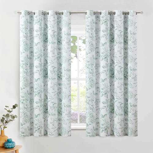 Beauoop Floral 100% Blackout Curtains 54 Inches Long 2 Panels for Bedroom Living Room Green White Farmhouse Rose Flower Patterned Room Darkening Thermal Grommet Top Window Treatments Drapes, 50X54
