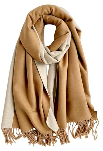 Kaschmir Schal Damen Stola für Herbst und Winter - Imitat Pashmina Mit Quasten, Wendeschal, Einfarbig in Beige und Braun, 200x60CM