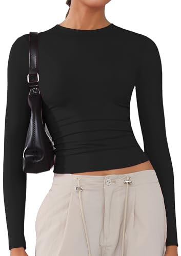 Women's Soft Long Sleeve Shirts Crew Neck Tops Basic Tees Stretchy Going Out Crop Tops Y2K Slim Fit T-Shirts Black L