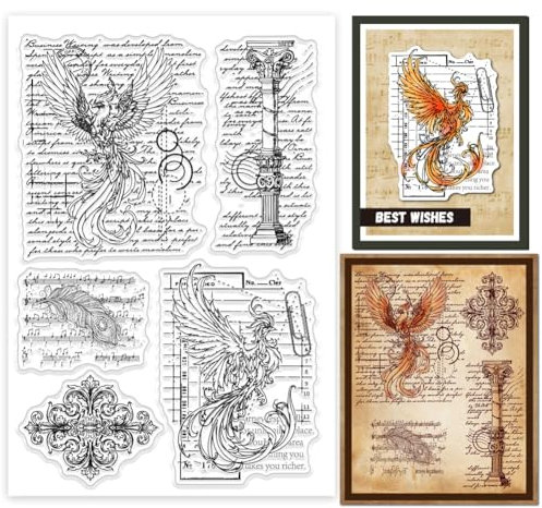 GLOBLELAND Transparente Stempel Mit Retro Phönix Hintergrund Federnotiz Hintergrund Silikon Transparentstempel Siegel Barockmuster Transparente Stempel Für DIY Scrapbooking Karten Erstellen Fotoalben