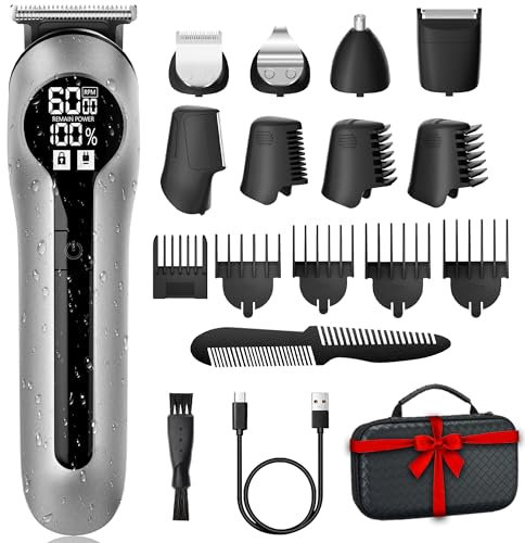 Tierney Haarschneidemaschine Profi, 6-in-1 Barber Set, Haarscherer Bartschneider Herren, IPX6 Wasserdicht Barttrimmer Herren, LED Anzeige Haarschneider, 9 Führungskämme Aufsätze und Koffer