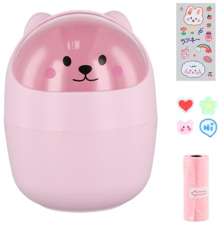 Bote de Basura de Escritorio, Portátil Mini Cubo de Basura de Mesa con Tapa Pequeño Desmontable, Papelera Escritorio Infantil, Lindo Titular de Pluma Plástico (Rosa+Pegatinasx2 tipos+Bolsa de basura)
