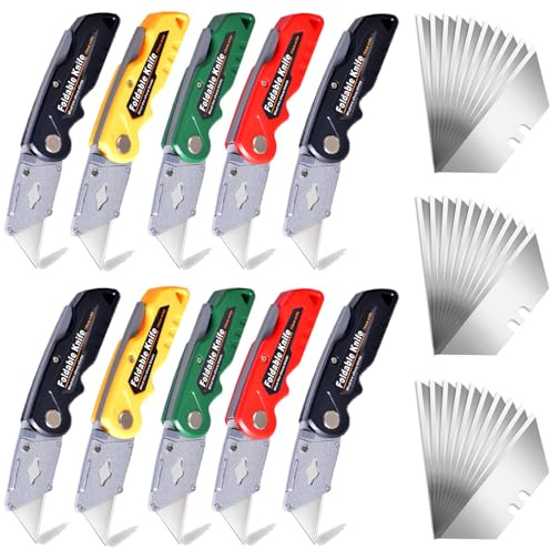 10-Pack Heavy Duty Folding Box Cutter Set, Utility Razor Knife