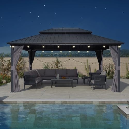 PURPLE LEAF Alu Pavillon 3.65 x 4.85 m LED Licht Seitenteilen Basisch, Grau | Wasserdichte Licht, Alu-Rahmen Pulverlack, Doppeltes Hartdach, Garngefärbter Stoff Vorhänge, Teslin-Netzgewebe, Feste Haken