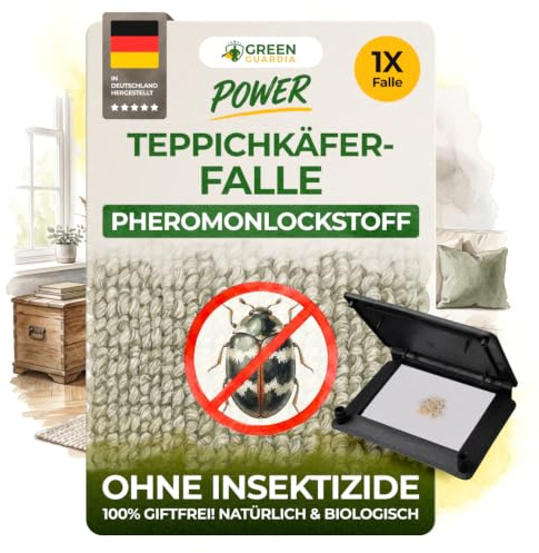 GREEN GUARDIA Teppichkäfer Falle mit Pheromon-Lockstoff - 1x Falle - umweltfreundlich Silberfische bekämpfen, Chemiefreie Pheromonfalle mit austauschbaren Klebeflächen, giftfrei und geruchsneutral