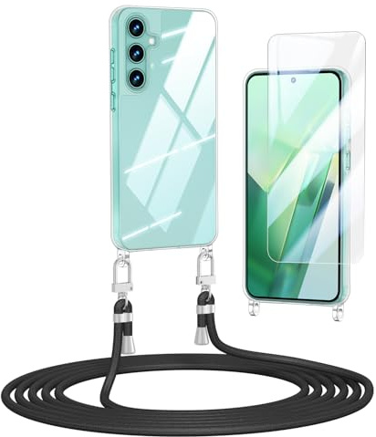 Anshow Verbesserte Handykette für Samsung Galaxy A56 Hülle mit Band + 1 Schutzfolie, Necklace Stoßfest Handyhülle Samsung Galaxy A56 Case Transparent Schutzhülle zum Umhängeband Abnehmbar, Schwarz