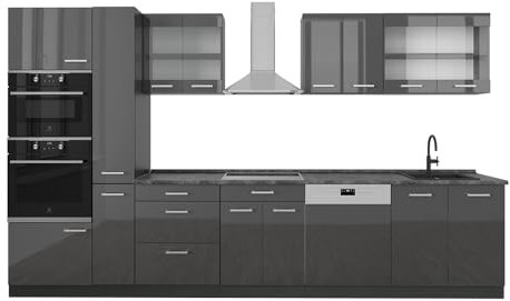 Vicco Küchenzeile R-Line, Anthrazit Hochglanz/Anthrazit, 350 cm, AP Anthrazit