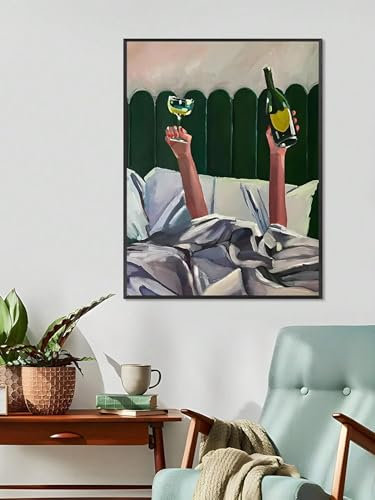 YUSUZHU 1 Stück Vintage-Grünes Bett, Weinglas, Toast-Feier, Bild, Leinwandkunst, Ölgemälde, Poster, Wandkunst, Esszimmerdekor, 80 x 120 cm, mit Rahmen