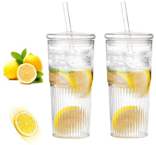 Verre Smoothie 600ml - 2 Tasses en Verre avec Paille et Couvercle pour Bubble Tea, Jus, Café Glacé, Bière