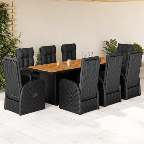 IKAYAA Gartenmöbel Set mit Holz Tisch und 8 Verstellbare Hochlehner Stühlen, Rattan Essgruppe für 8 Personen, Gartenmöbel Essgruppe, Garten Sitzgruppe inkl. Sitzkissen Schwarz Type-4
