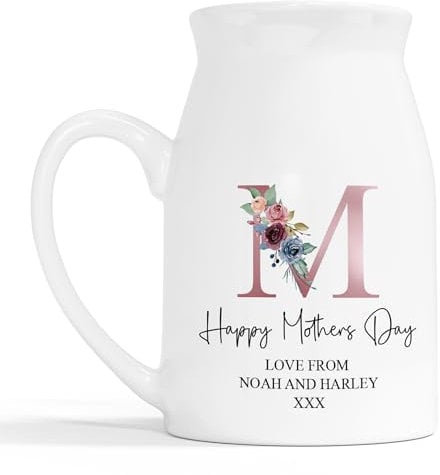 Personalised Mother’s Day Gift – Custom Mum Ceramic Jug – Floral Rose Gold M Initial – Milk Jug & Small Vase – Custom Names & Message – Unique Gift for Mum