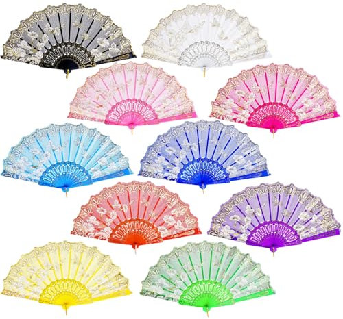 QIRMIZI Lot de 10 éventails pliants de Style Espagnol pour Mariage, thé, Danse, église, Spectacle, décoration d'intérieur, Festival, Cadeau, mélange