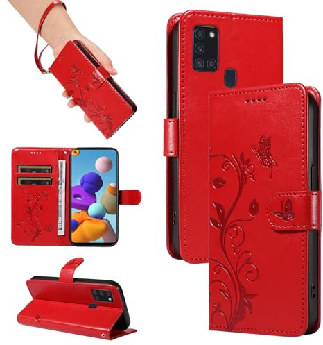 SRISHP Hülle für Samsung Galaxy A21s Handyhülle, Rot | Premium PU Leder, Handyhülle Mit Band, Magnet Flip Case, Kartenfächer, Ständer Klappbar Tasche, Standfunktion Schutzhülle