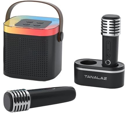 TANALAZ Machine Karaoké avec 2 Microphones sans Fil et Base, Mini Portable Enceinte Bluetooth avec Lumières LED et Effets Vocaux, Cadeau pour 3-12 Ans Enfants/Adultes, Cadeau d'anniversaire de Noël