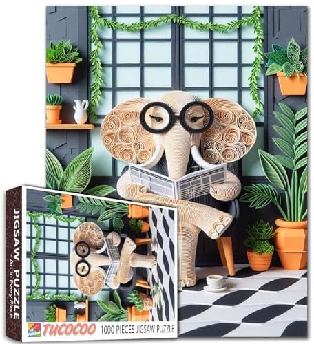 Tucocoo 1000 Teile Puzzle für Erwachsene Elefant Lesen im modernen botanischen Raum Puzzle Skurriles Papier Kunst Puzzle, Spaß und Entspannung Erwachsene Puzzle Geschenk für Gehirn Herausforderung und
