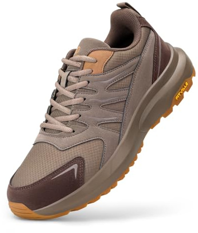 FitVille Men's Outdoor Hiking Shoes with High Traction Outsole, Water-Resistant & High Rebound Cushioning, Low-Top Trailing Shoes for Walking Trekking Camping Coffee Brown