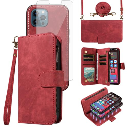 Phone Case for iPhone 12 Pro Max 6.7 Zipper Wallet Cell Cover with Screen Protector Crossbody Lanyard Strap Flip Card Holder Slot iPhone12promax 5G i 12s Plus iPhone12 12pro Promax Women Girls Red