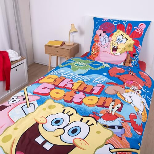 Familando – Spongebob Bettwäsche-Set (2-teilig) – Decken- & Kissenbezug 135x200 cm & 80x80 cm mit Reißverschluss – Mikrofaser – Wendemotiv mit Spongebob & Patrick – Öko-TEX Zertifiziert