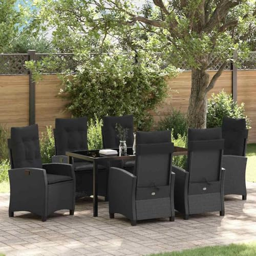 Teenpull Garten Essgruppe 7-teilig Schwarz Poly-Rattan, verstellbare Sessel, 160x80cm Tisch mit Glasplatte, modernes Outdoor Dining Set für Terrasse, Balkon