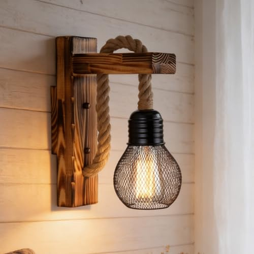 Wandleuchte Innen Holz Wandleuchte, E27 LED Hanfseil Wandlampe mit Lampenschirm, Vintage Wandlampe Innen, Retro Wandleuchtes Holz für Flur, Schlafzimmer, Café, Scheune, Restaurant (Ohne Leuchtmittel)