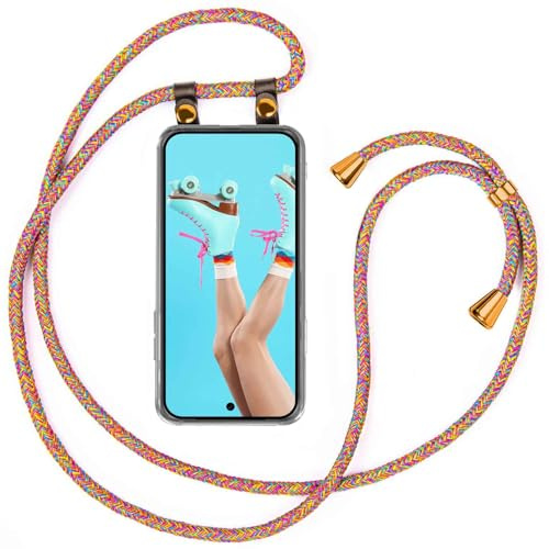 moex Handykette für Google Pixel 10 Pro Hülle mit Band abnehmbar, Handyhülle mit Kette zum Umhängen, Handyband 155 cm lang Stoff Kordel Umhängehülle, Handy Umhängeband, Rainbow