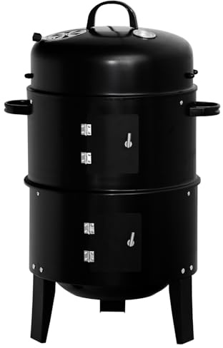 Räucherofen Grilltonne Räuchergrill 3 in 1 Smoker Grill Räuchertonne Multifunktional Grillen, Räuchern, Garen Holzkohlegrill Multifunktionsgrill mit Deckel, Räucherhaken und Thermometer
