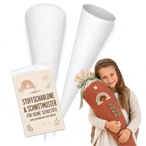 Ferocity Schultüte Bastelset zum Selbermachen aus Stoff - Rohling Pappe 70 cm + wiederverwendbares Stoff-Schnittmuster, Kissen-Inlett, Satinband & Schutzkappe - Zuckertüte DIY Einschulung, ca. 90 cm