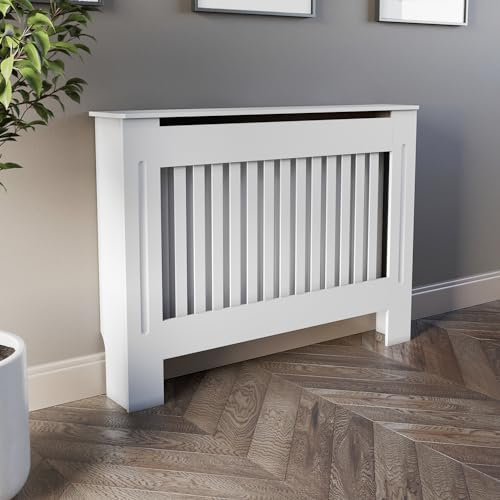 DuraTherm® Radiator Cover White Painted Modern Vertical Slat Shelves MDF Cabinet Shelf for Radiators, Living Rooms, Bedrooms, Medium (H: 112cm / W: 81.5cm / D: 19cm)