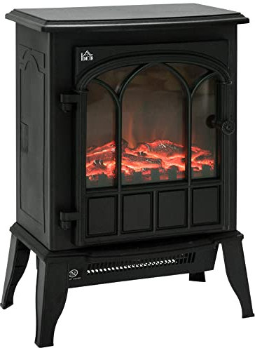 HOMCOM Freestanding Electric Fireplace, Electric Stove Heater with LED Flame Effect, Overheating Safety System, 1000W/2000W Black