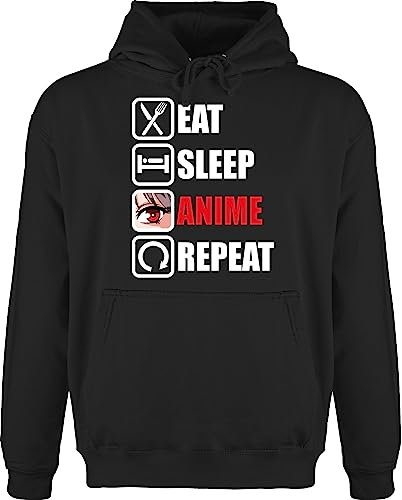 Hoodie Herren Pullover Männer - Geschenke - Eat sleep Anime repeat - Manga Japan - 3XL - Schwarz - polower watch kapuzenpulli pulli hoody kleidung baumwolle kordel kapuzenpullover mit bauchtasche