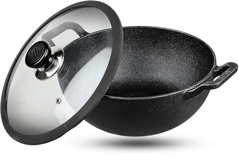 Vinod Legacy Pre-Seasoned Cast Iron Kadai with Glass Lid – 2.4L, 22cm | Deep Frying Pan Wok for Cooking | Naturally Non-Stick Cookware | Induction & Gas Compatible | Safe Grip Handle | Black Finish