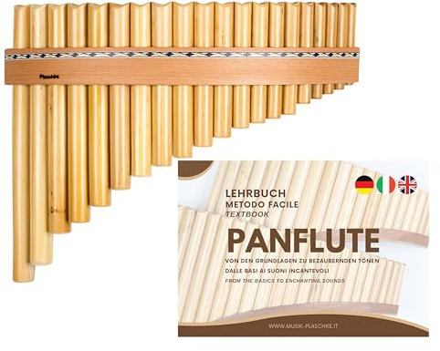 Plaschke Panflöte, Holzriemen Design, handgemacht mit Lehrbuch, 20 Rohre G-Dur