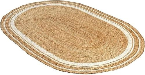 Ripaz Vogue Handgeflochtener Teppich aus natürlicher Jute, ovale Form, Flurteppich, Wohnzimmerteppich, 120 x 180 cm, Beige + weiße Linie