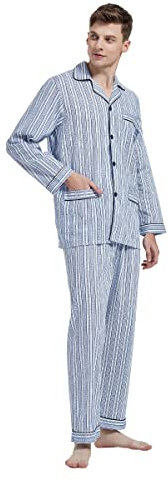 Amaxer Classico Pigiama da Uomo in Due Pezzi,in Cotone,da Notte,a Maniche Lunghe,con Tasche,con Coulisse,Strisce Floreali,L