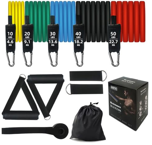 POPYS® Kit Gomas Elásticas Musculación 150lbs con 5 Niveles de Resistencia + 2 Tobilleras + 2 Manoplas + 1 Anclaje + 2 Mosquetones + Bolsa de Almacenamiento | Bandas de Resistencia Musculación