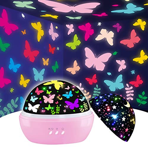 Schmetterling Schlafzimmer Deko für 1-10, Nachtlicht für Kinder 3-10, Mädchen Geschenke für 2-9, 360 Grad Drehbarer Kinderzimmer Sternprojektor, Schmetterling Geburtstag Geschenke Weihnachten Deko